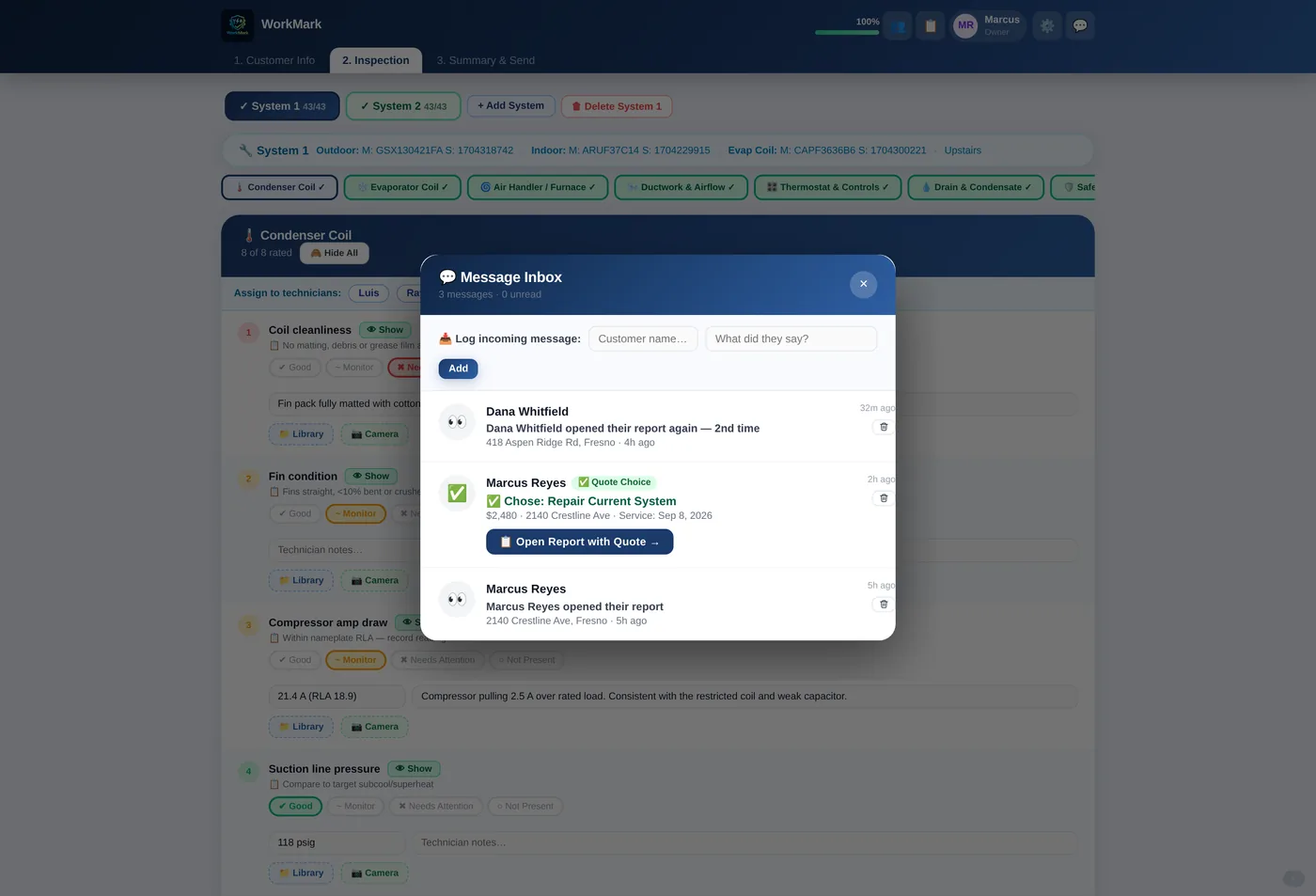 WorkMark message inbox showing customers who opened their report, alongside a quote choice