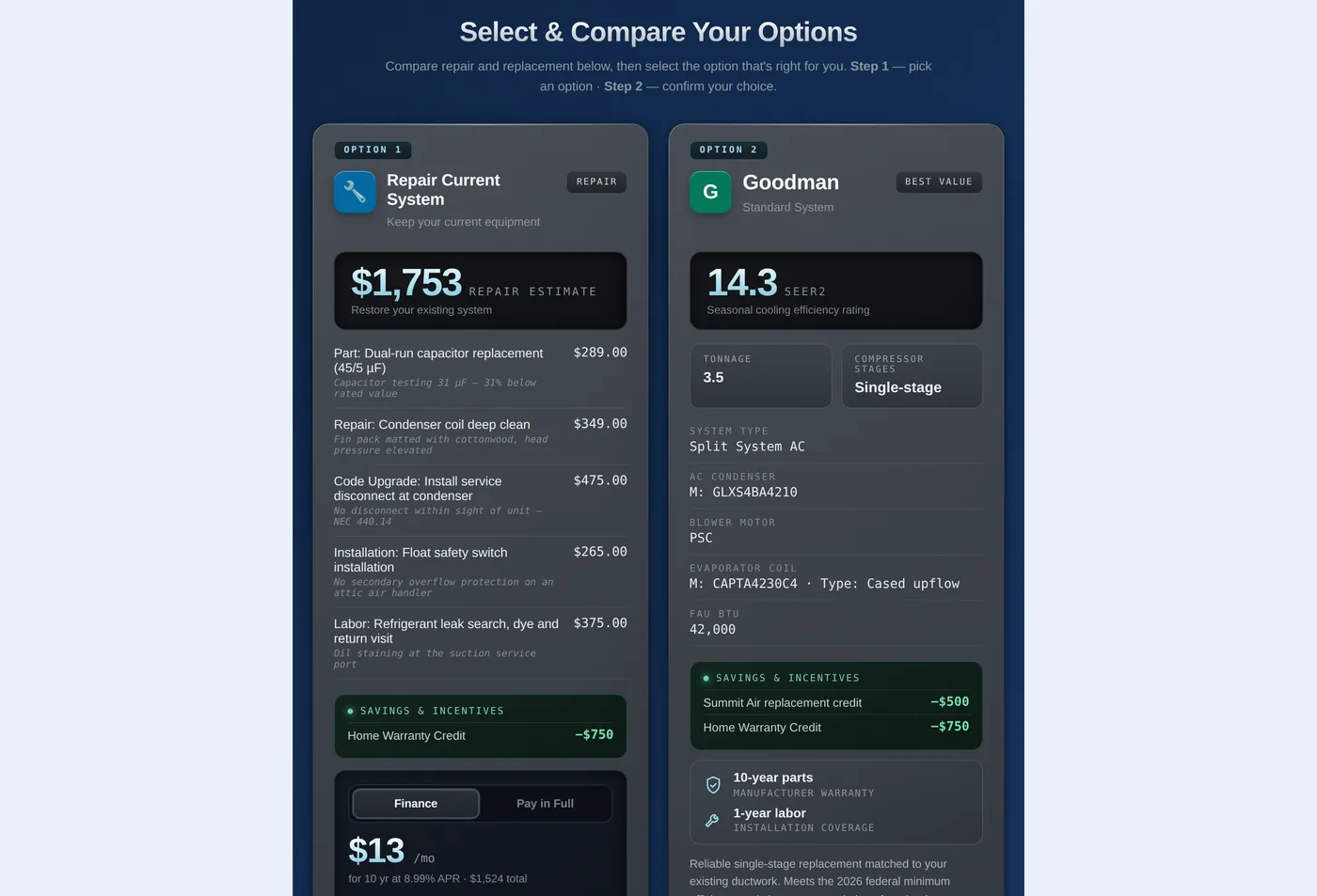 Customer-facing quote comparing a repair estimate against a replacement system with financing