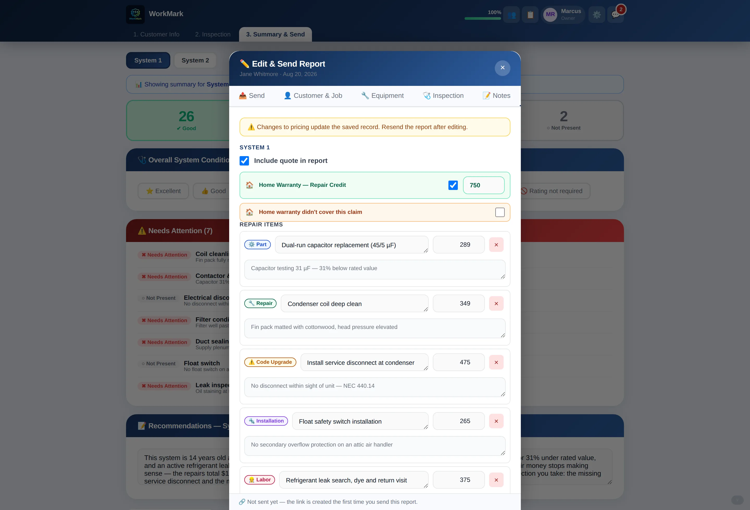Quote editor applying a home warranty repair credit to the customer quote