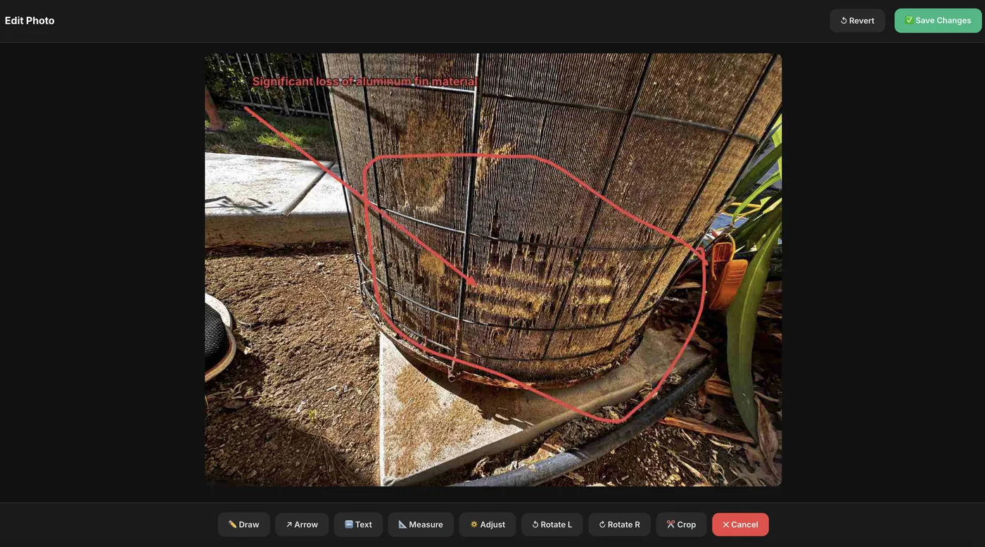 WorkMark photo editor with draw, arrow, text, measure, adjust, rotate and crop tools
