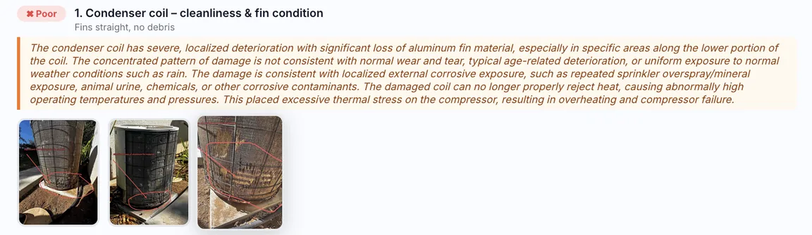 A checklist finding in a WorkMark report: Condenser coil – cleanliness and fin condition, rated Poor, with the technician's note and three marked-up photos of the coil.